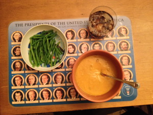 Well-balanced meal.. carrot-ginger soup from Betsy, green beans with a bourbon and coke!